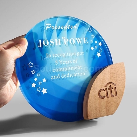 Customization Round Crystal Solid Wood Leaf Trophy Corporate Gifts