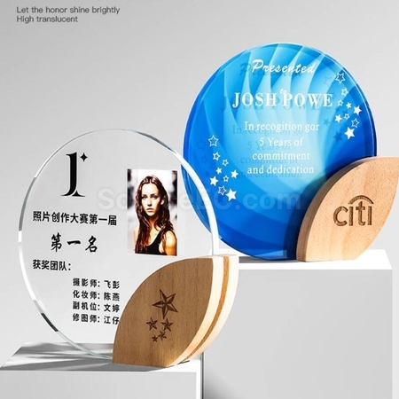 Customization Round Crystal Solid Wood Leaf Trophy Corporate Gifts