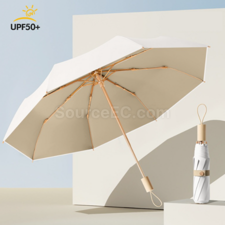 Customization 16 Bone Wooden Handle Sun Protection Tri-Fold Folding Umbrella Corporate Gifts