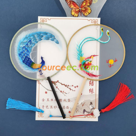 Customization Double Sided Embroidered Long Handle Round Fan Corporate Gifts