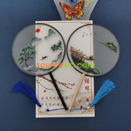 Customization Double Sided Embroidered Long Handle Round Fan Corporate Gifts