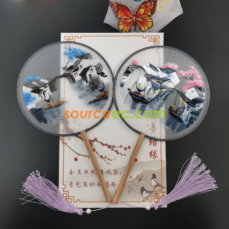 Customization Double Sided Embroidered Long Handle Round Fan Corporate Gifts