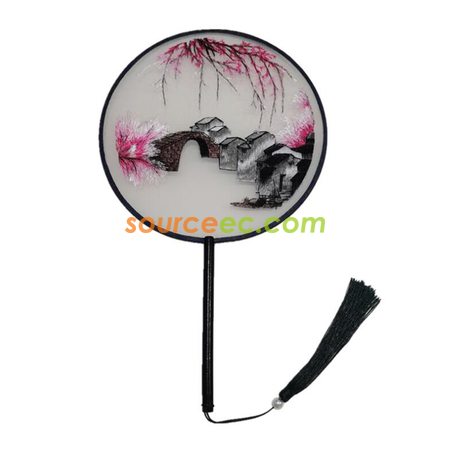 Customization Double Sided Embroidered Long Handle Round Fan Corporate Gifts