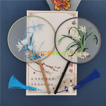 Customization Double Sided Embroidered Long Handle Round Fan Corporate Gifts