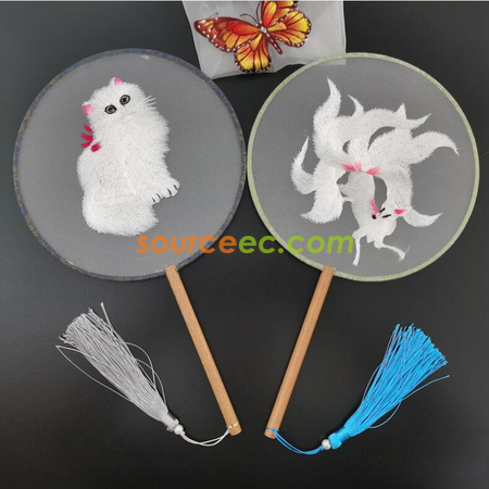 Customization Double Sided Embroidered Long Handle Round Fan Corporate Gifts