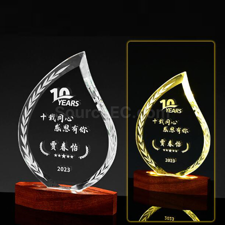 Customization Luminous Solid Wood Base Crystal Corporate Gifts