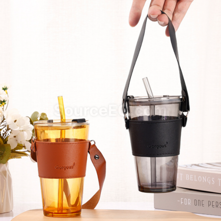 Customization Straw glass cup with lid leather cover handle Corporate Gifts