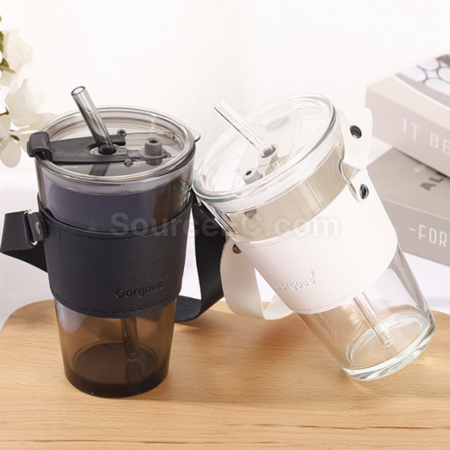 Customization Straw glass cup with lid leather cover handle Corporate Gifts