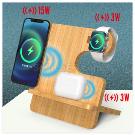 Customization Bamboo And Wood Three-In-One Wireless Charging Stand Corporate Gifts